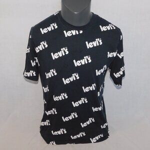 Levi's Mens M Black White Allover Spellout Print Short Sleeve T Shirt relaxed